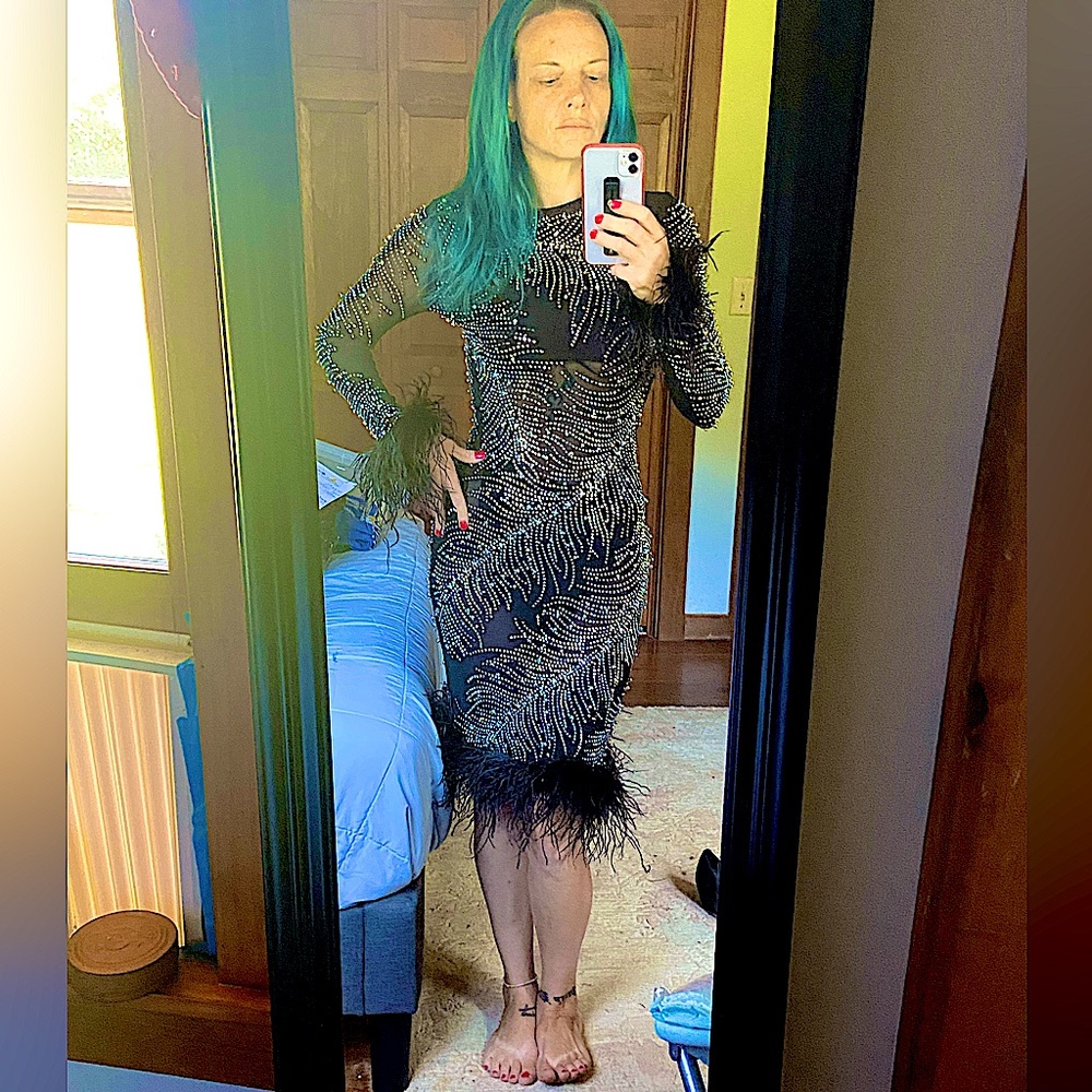 🔥 GORGEOUS BEADED SHEER BLACK LONG SLEEVE DRESS W/BLACK FEATHER TRIM~SM - Picture 17 of 17